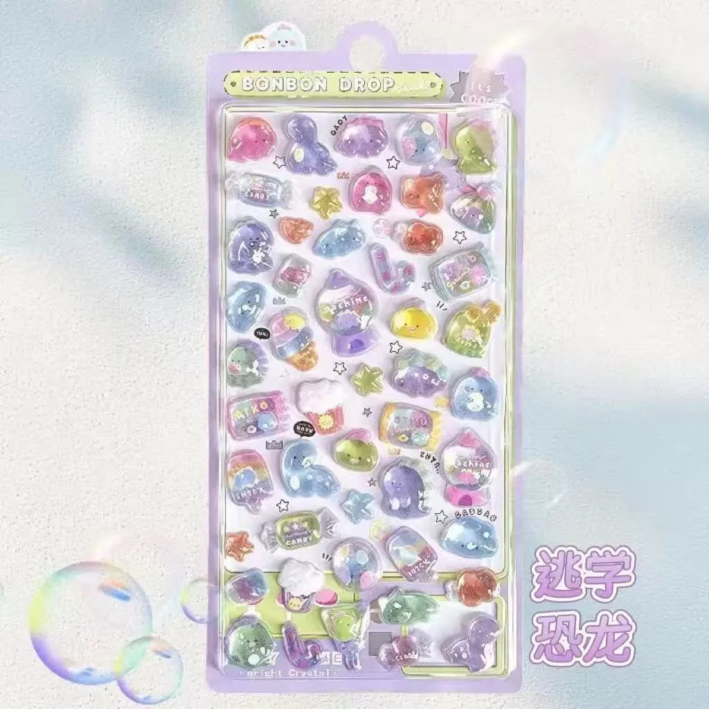 A sheet of 3D jelly stickers featuring cute cartoon animals and a ghost rabbit design.