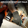 A hand wearing a dark gray abrasion resistant work glove is gripping a metal bar in a workshop setting.