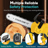 A yellow cordless electric chainsaw with a white chain saw blade and various safety features shown in close-up.