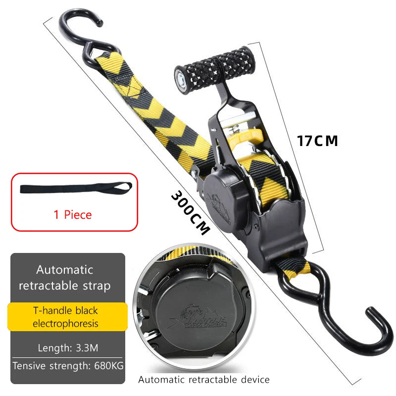 Black automatic retractable strap with T-handle and electrophoresis for tie down