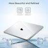 A silver MacBook is shown with a clear hard shell case, emphasizing its ultra-clear transparent and original color appearance