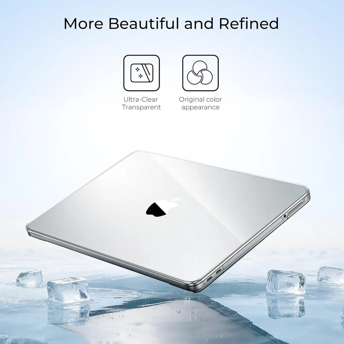 A silver MacBook is shown with a clear hard shell case, emphasizing its ultra-clear transparent and original color appearance