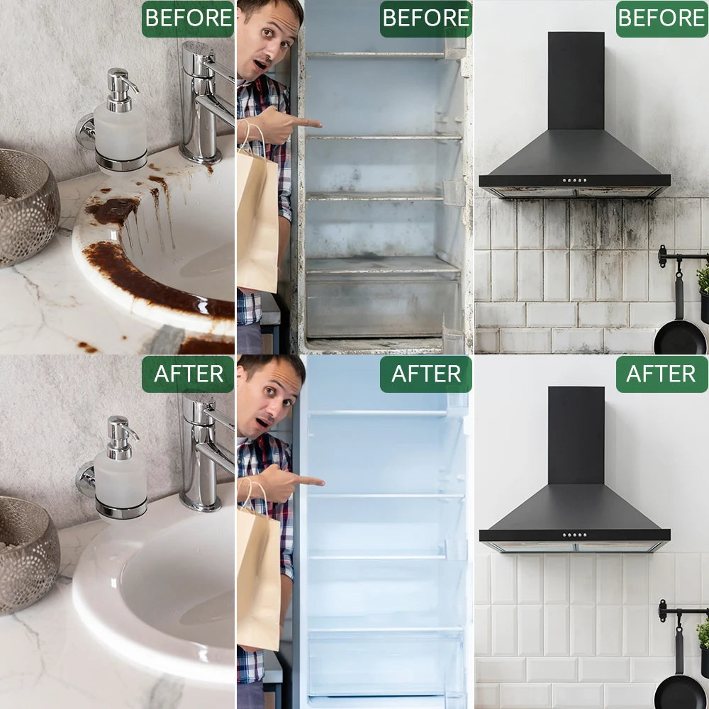 Before and after comparison showing the deep cleaning of a kitchen faucet and cabinet using Convex Point Magic Eraser sponges