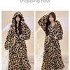 Women's Leopard Print Hooded Flannel Bathrobe