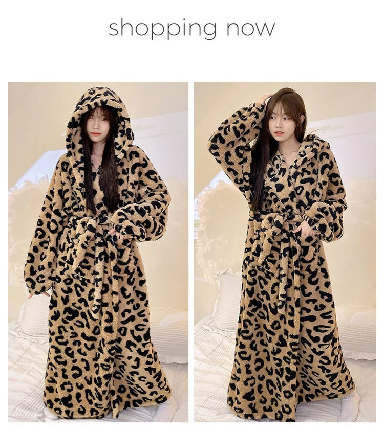 Women's Leopard Print Hooded Flannel Bathrobe