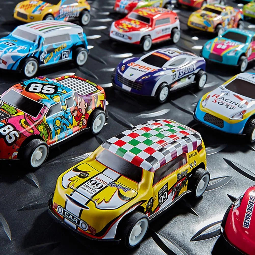 A collection of die-cast pull-back racing cars in various colors and designs displayed on a dark surface.