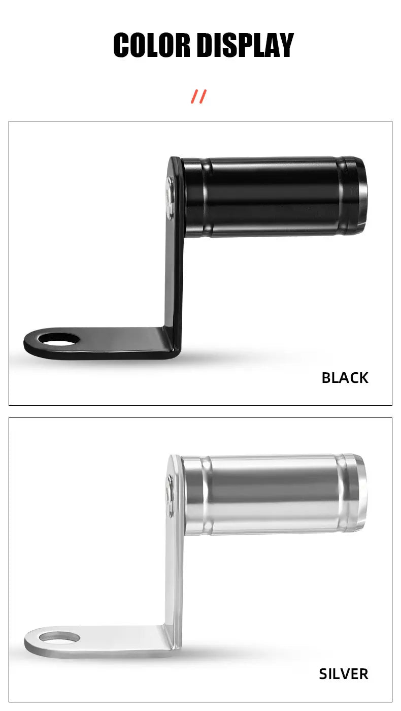 Color display showing a black and silver universal aluminum alloy phone mount for motorcycle and bicycle handlebars.