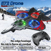 Black drone with red and blue accents is shown next to a remote control, featuring no-edge fuselage and intelligent hovering 