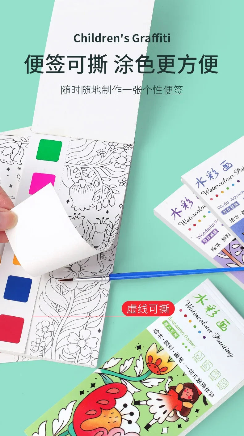 A children's watercolor painting set featuring illustrations and a brush for art activities.