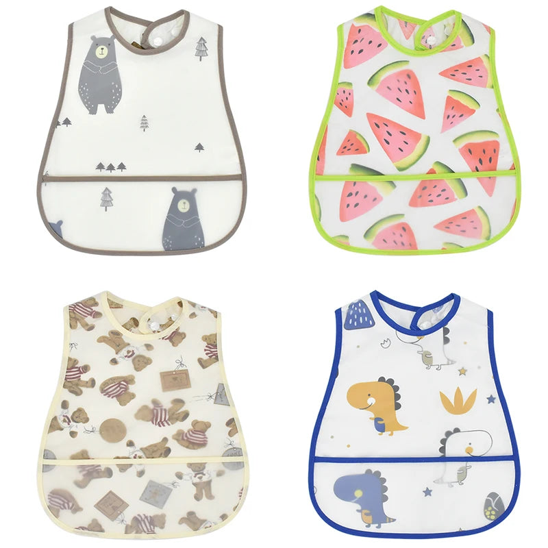 A set of waterproof adjustable baby feeding bibs in various patterns and colors for feeding