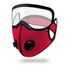 A red cycling face mask with a clear shield and black accents.
