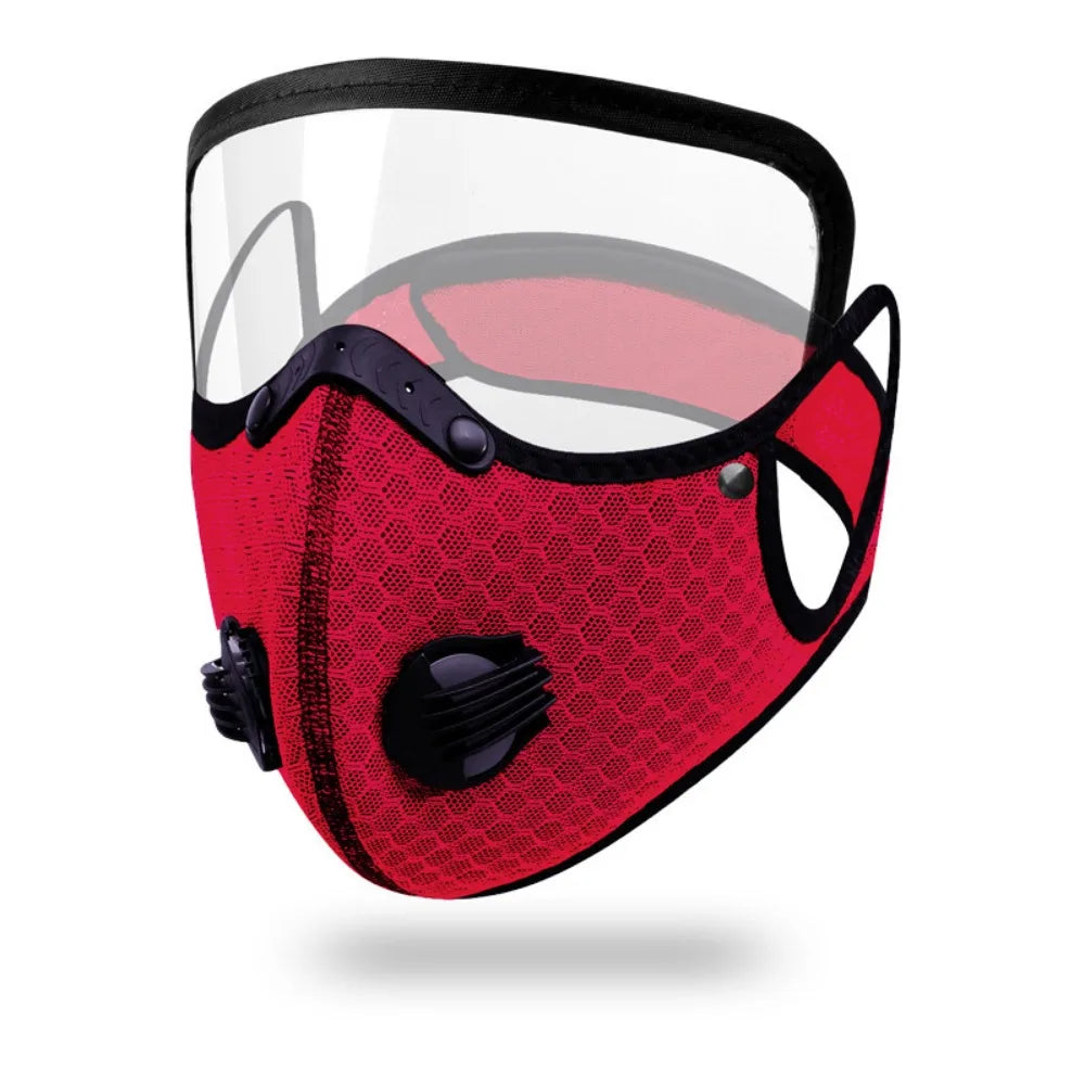 A red cycling face mask with a clear shield and black accents.