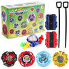 A set of metal gyro spinning tops and launchers in various colors including red, purple, green, and yellow.