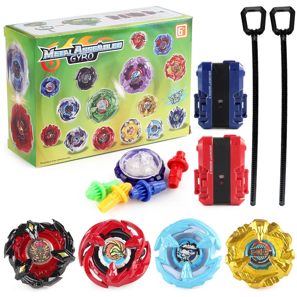 A set of metal gyro spinning tops and launchers in various colors including red, purple, green, and yellow.