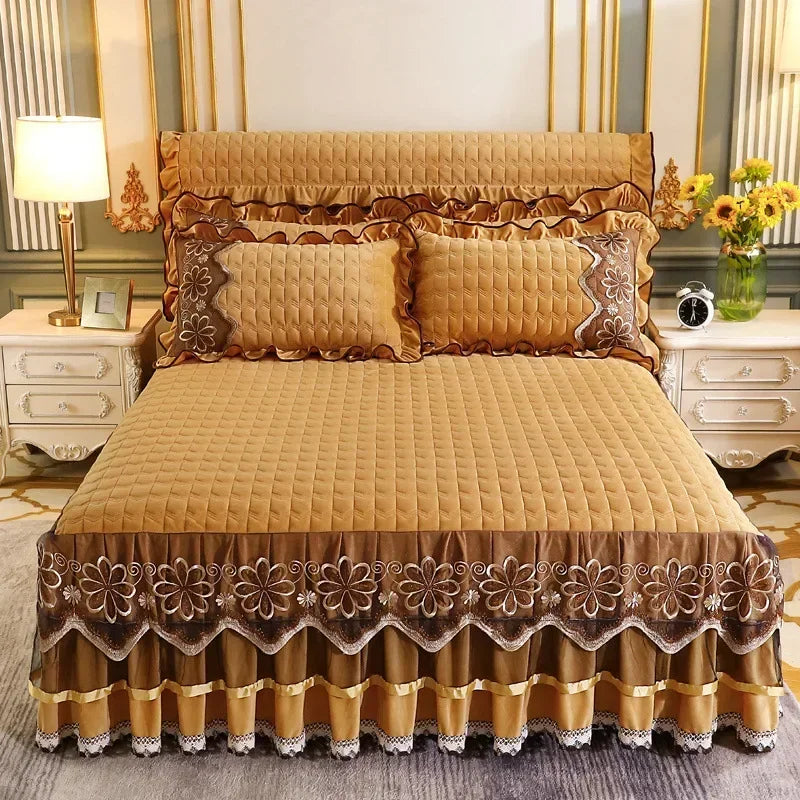 Crystal Velvet Gold Lace Bed Skirt with Anti-Slip Base