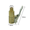 Brass tire inflator chuck with a clip-on valve connector and a metal clip.