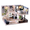 A detailed 3D wooden dollhouse miniature building kit featuring furniture and interior scenes.