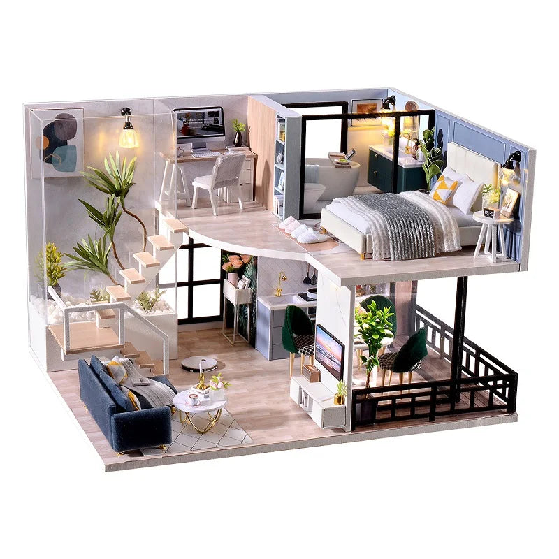 A detailed 3D wooden dollhouse miniature building kit featuring furniture and interior scenes.