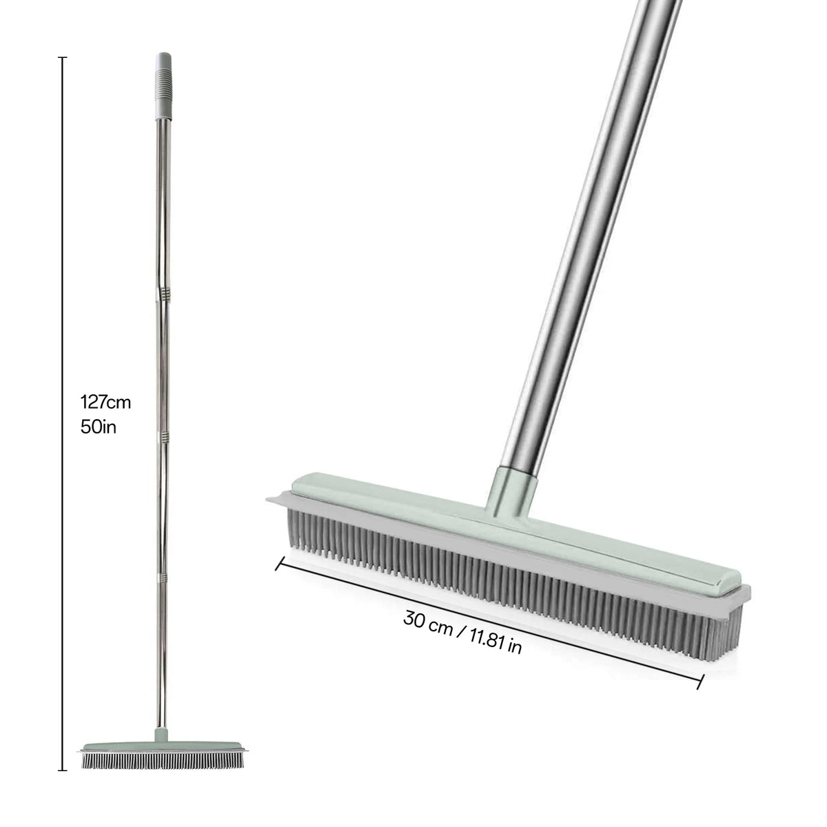 A silver rubber broom and carpet rake with an adjustable handle and a 30 cm head.