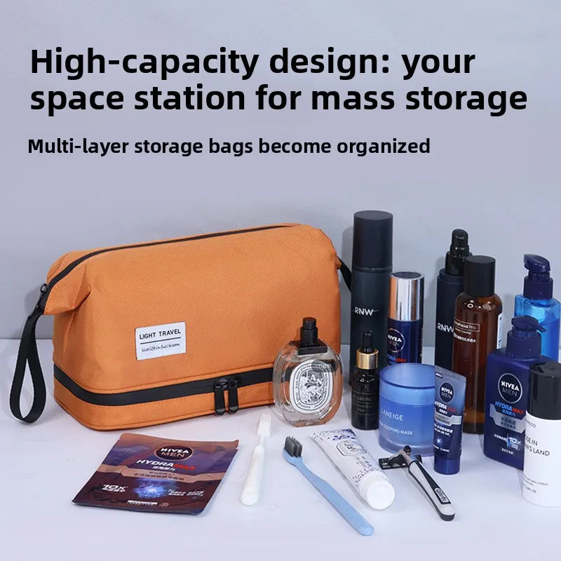 An orange multi-layer storage bag containing various men's travel toiletries and skincare products.