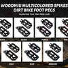 A collection of multicolored woodniu spikes for dirt bike foot pegs shown in various colors like black, silver, purple, red, 