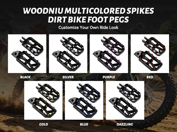 A collection of multicolored woodniu spikes for dirt bike foot pegs shown in various colors like black, silver, purple, red, 