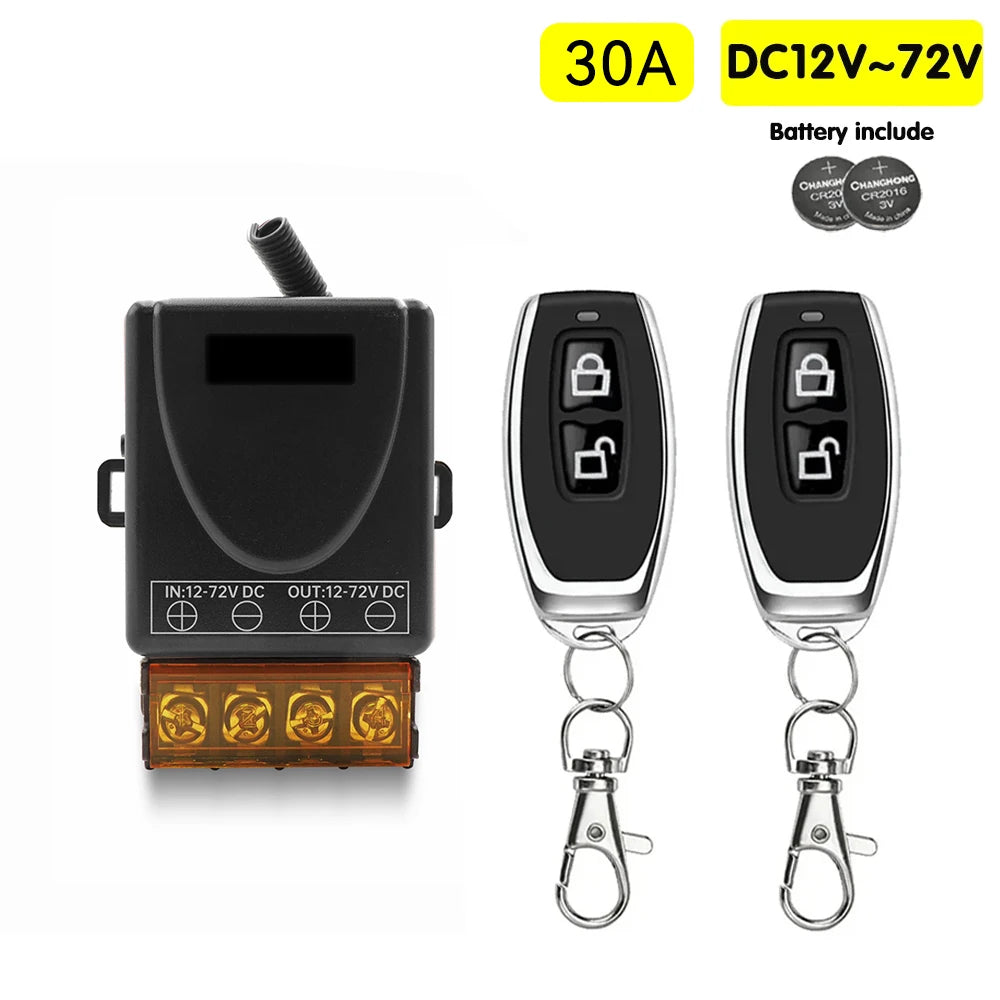 A black relay switch module with a connector and two handheld remote controls for DC power.