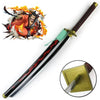 A cosplay sword replica of Roronoa Zoro's katana with a detailed depiction of the character and blade.