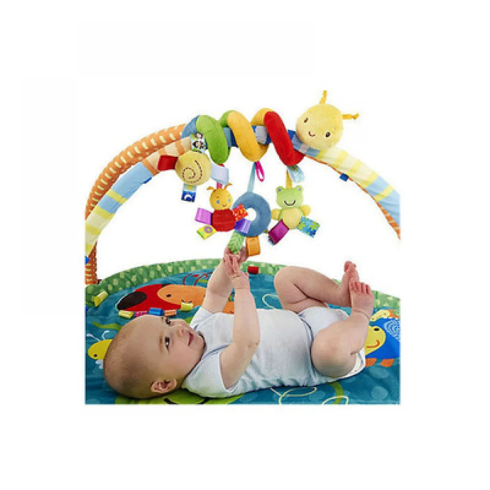A soft plush hanging baby toy set featuring colorful animals and shapes for infants.