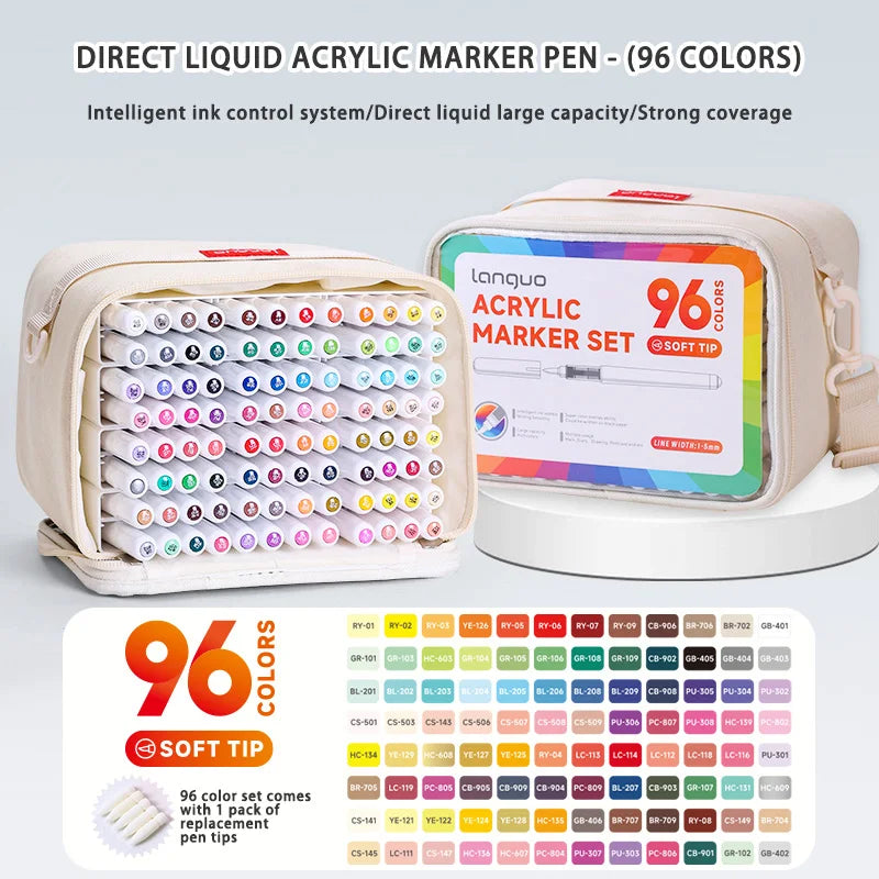 A set of 96 color direct liquid acrylic marker pens in a portable case with soft tips for art and DIY projects