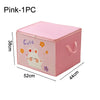 Pink storage box with a cute design and handle, measuring 52cm by 44cm deep.