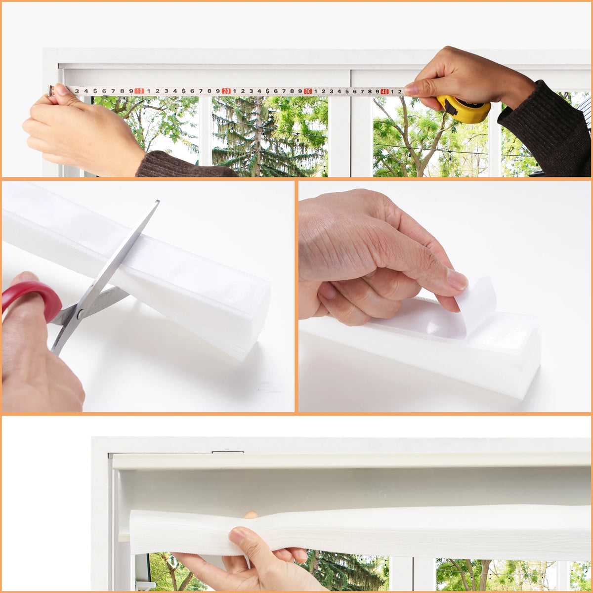 Hands are shown installing a cordless pleated paper window blind using an easy stick-on method.