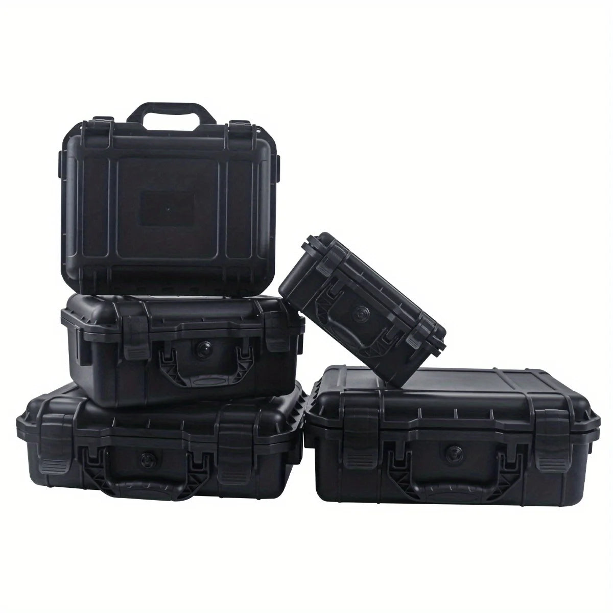A stack of black rugged waterproof hard cases with customizable foam inserts.
