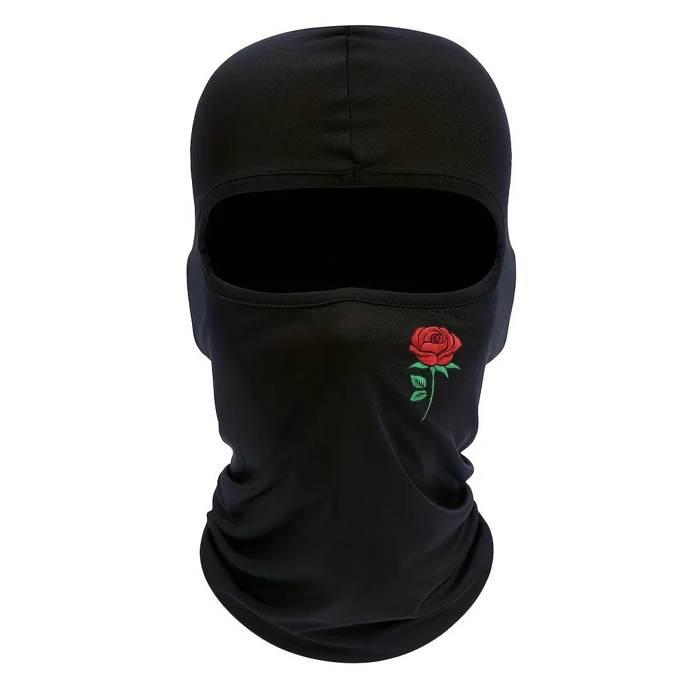 Black floral balaclava face mask with a red rose design