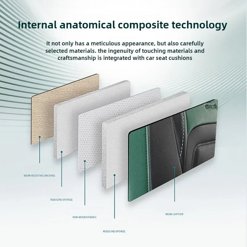 A collection of internal anatomical composite technology car seat cushions showing various layers including fabric, sponge, a