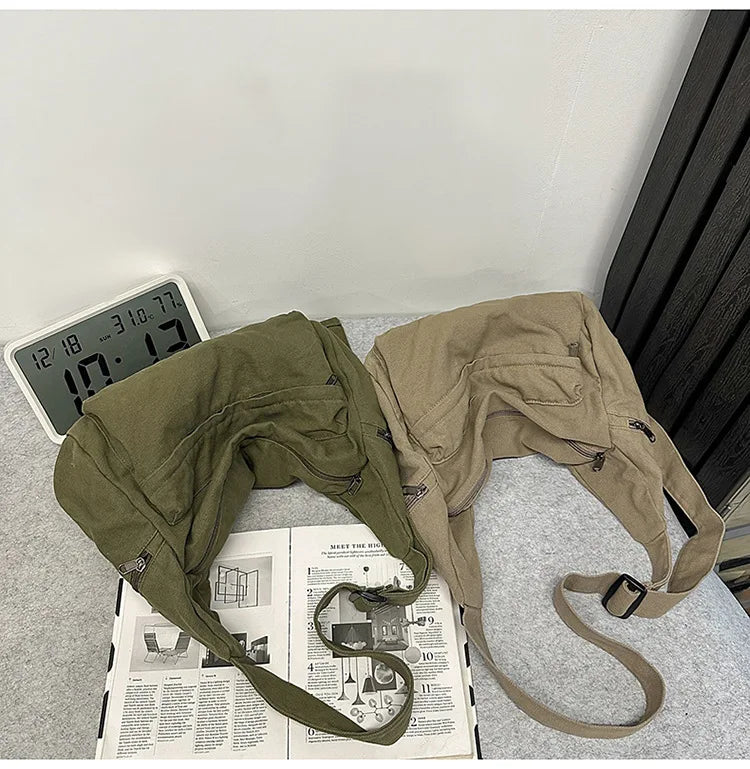 Cotton Canvas Crossbody Bag with Large Capacity