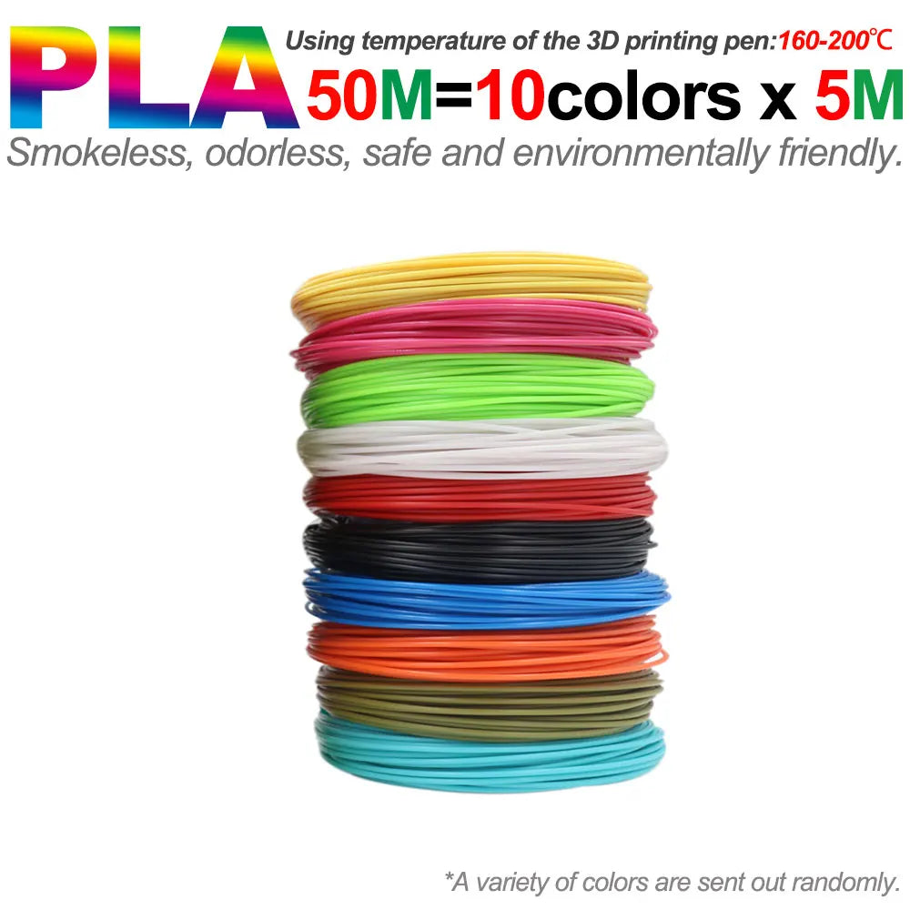 A spool of multi-colored PLA filament for 3D printing pens, showing various colors like pink, green, white, red, black, blue,
