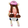 A plush toy of Jeffy featuring a pink helmet, brown braided hair, and a pink shirt.