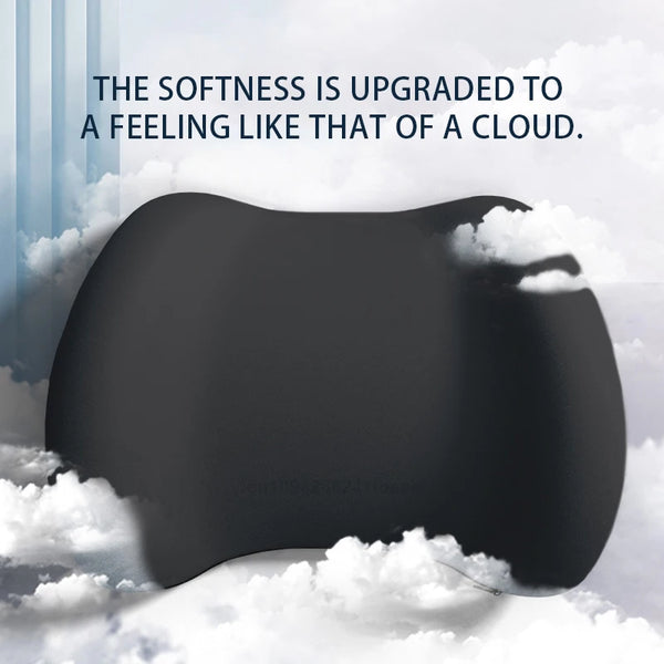 Un cojín de espuma viscoelástica en forma de nube oscura contra un fondo blanco y esponjoso.