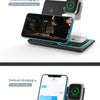 A mobile phone horizontal/vertical wireless charging station used for charging an iPhone and Apple Watch.