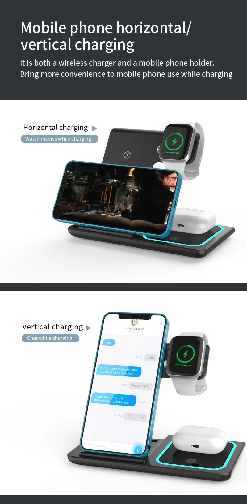 A mobile phone horizontal/vertical wireless charging station used for charging an iPhone and Apple Watch.