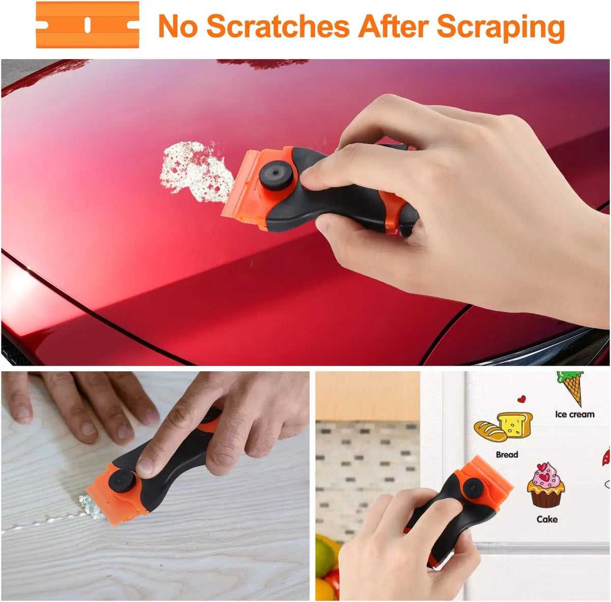 A hand uses an orange multi-purpose razor blade scraper to remove paint scratches from a red car surface.
