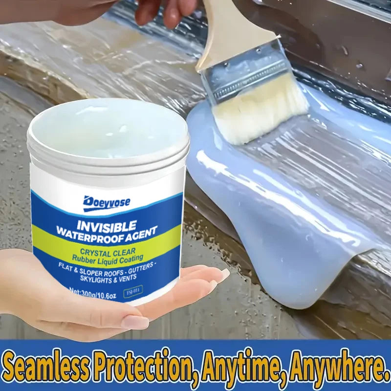 A hand holds a container of Invisible Waterproof Agent liquid sealant with a brush applicator on a window sill.