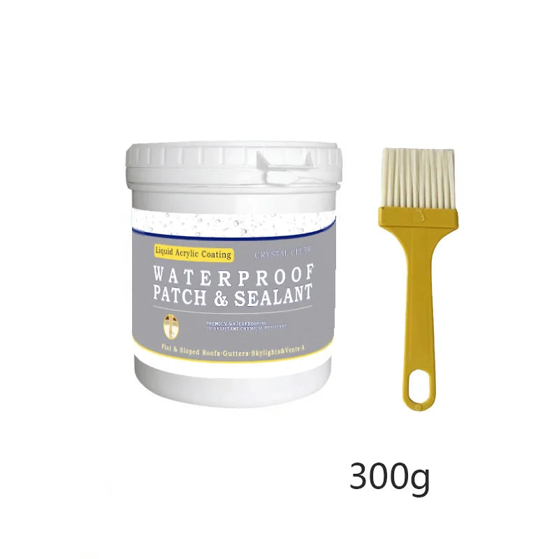 A glass jar of Liquid Acrylic Coating waterproof patch and sealant with a yellow plastic brush.