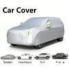 A gray car cover is shown protecting a sedan, hatchback, SUV, and pickup truck.