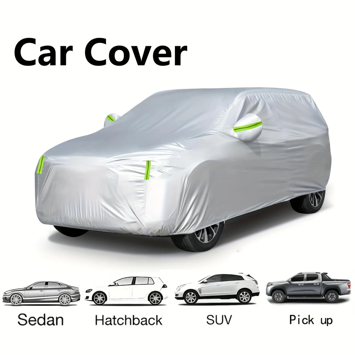 A gray car cover is shown protecting a sedan, hatchback, SUV, and pickup truck.