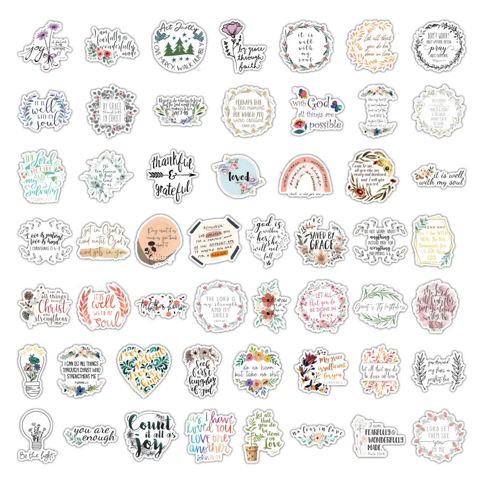 A collection of 20 inspirational Bible verse stickers featuring various phrases and designs for journaling and decorating.