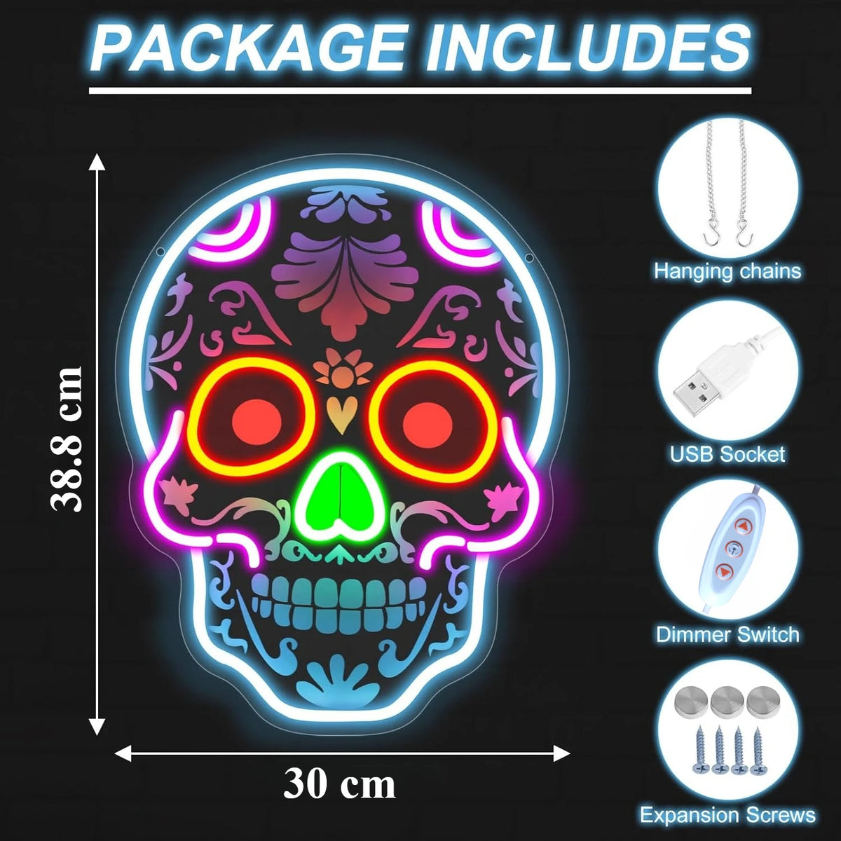 A skull-shaped LED neon light package includes hanging chains, a USB socket, a dimmer switch, and expansion screws.