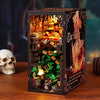 A dark wooden puzzle box featuring a detailed miniature house scene with glowing lights and decorative elements.