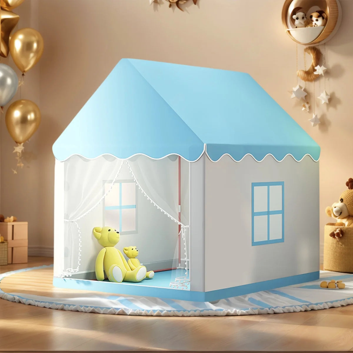 A light blue play tent shaped like a castle with a pitched roof and window, featuring a sheer white curtain and stuffed teddy